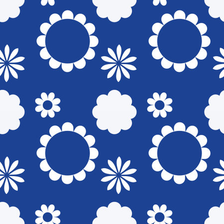 Blue white seamless background with flowers. Abstract, repeating regular pattern for print. Graphic design with regular shapes.の写真素材