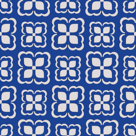 Blue white floral seamless background with flowers. Abstract, repeating regular pattern for print. Graphic design with regular shapes.の写真素材