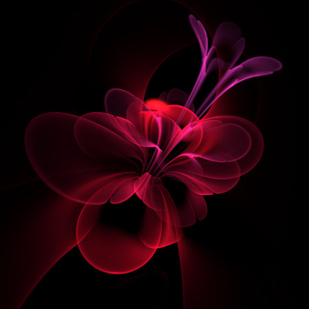 A fantastic image of a rendered fractal flower on a dark background. Original background for your graphic design. Neon glowing flower.の写真素材