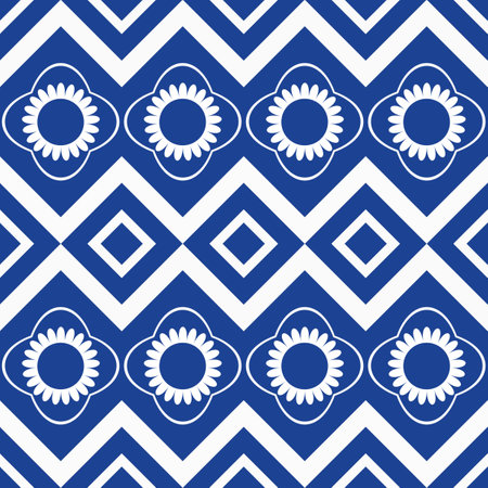 Blue white seamless background with flowers. Abstract, repeating regular pattern for print. Graphic design with regular shapes.の写真素材