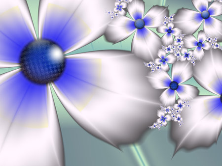 Fractal image with blue flowers. Template with a place to insert text. Fractal flower rendered by mathematical algorithm. Computer background, printing labels, labels, etc.の写真素材