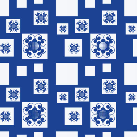 Blue white seamless background with flowers. Abstract, repeating regular pattern for print. Graphic design with regular shapes.の写真素材