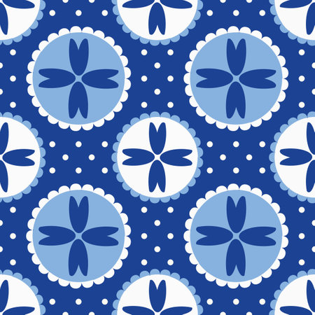 Blue white seamless background with flowers. Abstract, repeating regular pattern for print. Graphic design with regular shapes.の写真素材