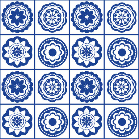 Blue white seamless background with flowers. Abstract, repeating regular pattern for print. Graphic design with regular shapes.の写真素材