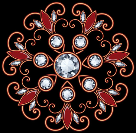 Vintage round pattern, jewelry with rubies and transparent gems on a black background, the shape of a mandala or snowflake. Beautiful jewelry, medallion, brooch, decoration.の写真素材