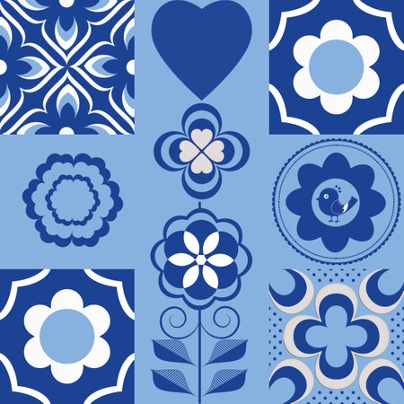 Blue and white flowers as seamless pattern. Abstract background for textile design, surface textures, wrapping paper. Set of flowers.の写真素材