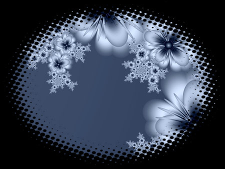 Fractal image in an oval frame with flowers on a dark background..Template with place for inserting your text.Multicolor flowers.の写真素材