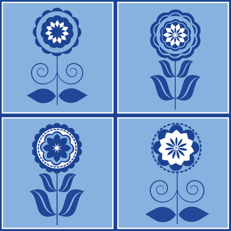 Blue white seamless background with flowers. Abstract, repeating regular pattern for print. Graphic design with regular shapes.の写真素材