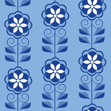 Blue white seamless background with flowers. Abstract, repeating regular pattern for print. Graphic design with regular shapes.の写真素材