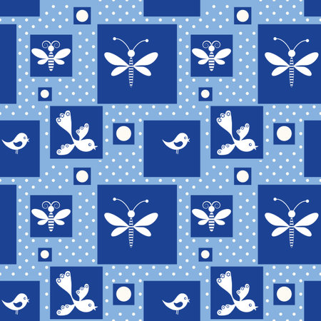 Cartoon seamless background in blue and white for kids. Polka dots pattern with butterflies. Blue and white design for printing.の写真素材