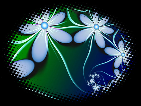 Fractal image in an oval frame with flowers on a dark background..Template with place for inserting your text.Multicolor flowers.の写真素材