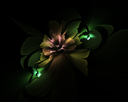 Dark fractal flower, digital artwork for creative graphic design. Fractal pattern in the shape of flowers on a black background. Abstract fractal template.の写真素材