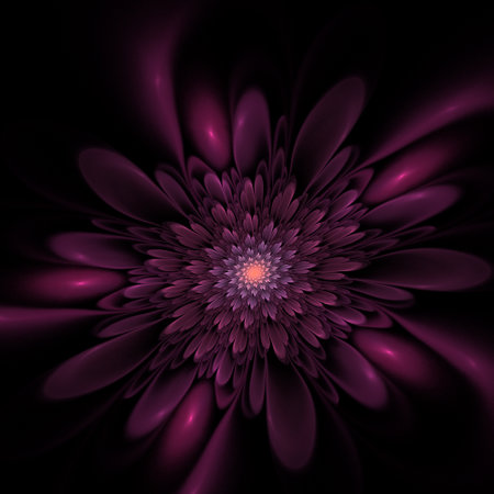 Dark fractal flower, digital artwork for creative graphic design. Fractal pattern in the shape of flowers on a black background. Abstract fractal background 3D rendering.の写真素材