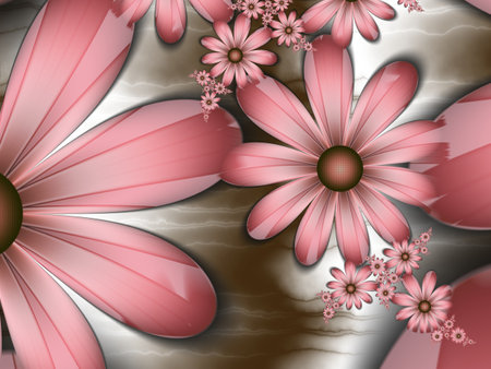 Fractal image with flowers. Template with a place to insert text. Red background fractal illustration with flower. Fractal image. Digital artwork for creative graphic design.の写真素材