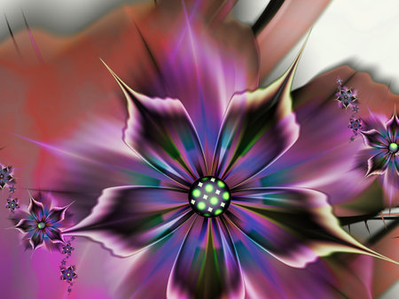 Fractal image as a beautiful template for inserting text in purple color. Background with flowers. Graphic design of business cards, greeting cards, labels, stickers, computer backgrounds.の写真素材