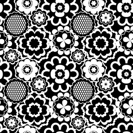 Black and white seamless background with flowers. Abstract, repeating regular pattern for print. Graphic design with regular shapes.の写真素材
