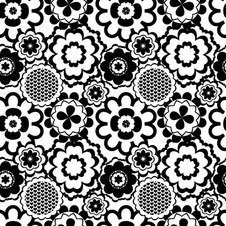 Black and white seamless background with flowers. Abstract, repeating regular pattern for print. Graphic design with regular shapes.の写真素材