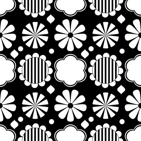 Black and white seamless background with flowers. Abstract, repeating regular pattern for print. Graphic design with regular shapes.の写真素材