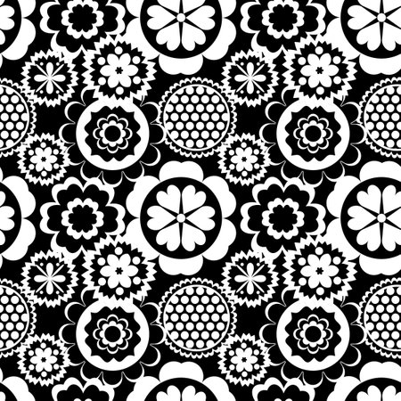Black and white seamless background with flowers. Abstract, repeating regular pattern for print. Graphic design with regular shapes.の写真素材