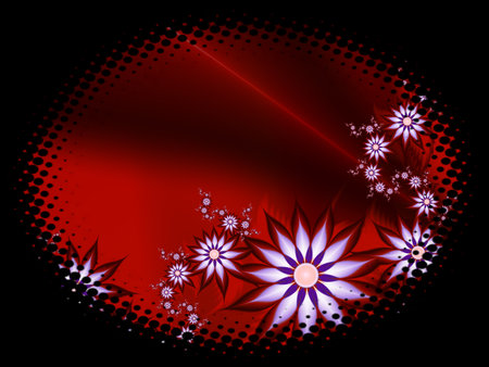 Fractal image in an oval frame with flowers on a dark background..Template with place for inserting your text.Multicolor flowers.の写真素材
