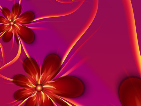 Fractal image with flowers. Template with a place to insert text. Red background fractal illustration with flower. Fractal image. Digital artwork for creative graphic design.の写真素材