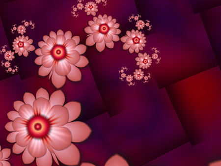 Fractal image with flowers. Template with a place to insert text. Red background fractal illustration with flower. Fractal image. Digital artwork for creative graphic design.の写真素材