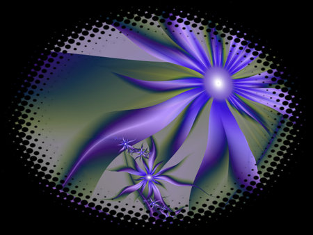 Fractal image in an oval frame with flowers on a dark background..Template with place for inserting your text.Multicolor flowers.の写真素材
