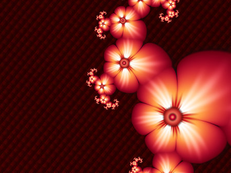 Fractal image with flowers. Template with a place to insert text. Red background fractal illustration with flower. Fractal image. Digital artwork for creative graphic design.の写真素材