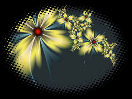 Fractal image in an oval frame with flowers on a dark background..Template with place for inserting your text.Multicolor flowers.の写真素材