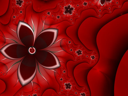 Fractal image with flowers. Template with a place to insert text. Red background fractal illustration with flower. Fractal image. Digital artwork for creative graphic design.の写真素材