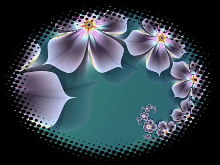 Fractal image in an oval frame with flowers on a dark background..Template with place for inserting your text.Multicolor flowers.の写真素材