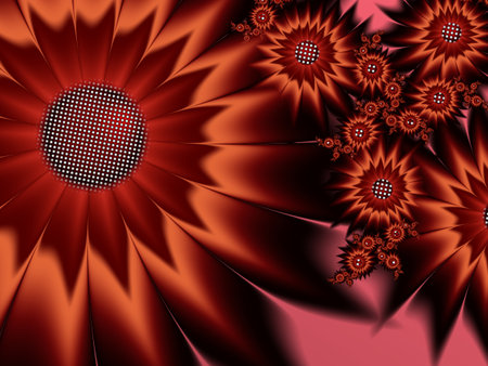 Fractal image with flowers. Template with a place to insert text. Red background fractal illustration with flower. Fractal image. Digital artwork for creative graphic design.の写真素材