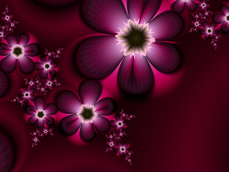 Fractal image with flowers. Template with a place to insert text. Red background fractal illustration with flower. Fractal image. Digital artwork for creative graphic design.の写真素材