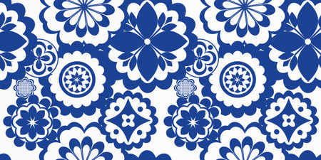 Seamless pattern with decorative flowers in blue and white colors.