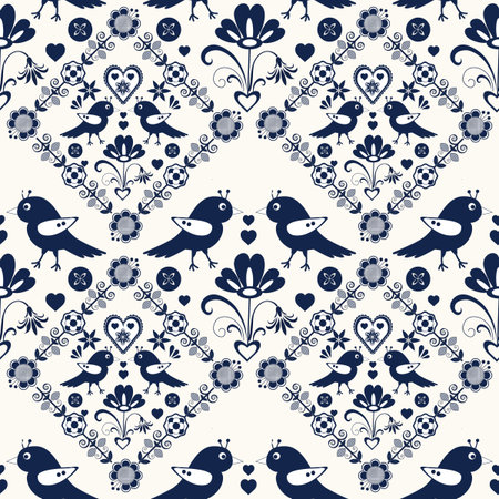 Cartoon seamless background in blue and white for kids. Seamless texture tile with vintage motifs. Cheerful regular pattern for children with birds. Blue and white design for printing.の写真素材