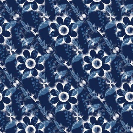 Blue white seamless background with flowers. Abstract, repeating regular pattern for print. Graphic design with regular shapes.の写真素材