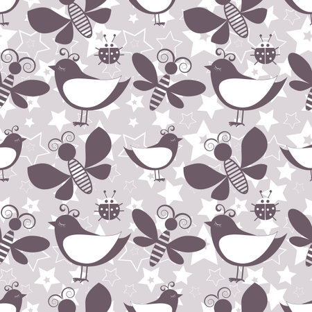 Regular cheerful purple texture for kids with animals. Black and white cheerful seamless background with birds and butterflies for children.の写真素材