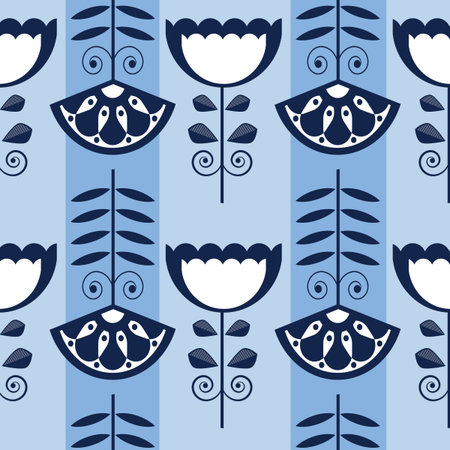 Blue white seamless background with flowers. Abstract, repeating regular pattern for print. Graphic design with regular shapes.の写真素材
