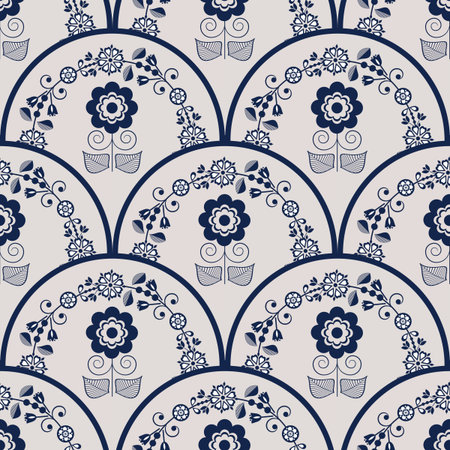 Blue white seamless background with flowers. Abstract, repeating regular pattern for print. Graphic design with regular shapes.の写真素材