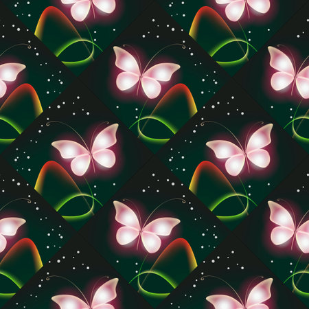Glowing transparent background for graphic design. Template with butterflies. Multicolored abstract image as a template for cards, prints and the like.の写真素材