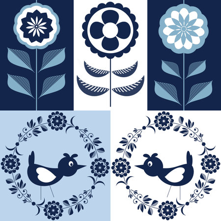 Floral pattern with birds and flowers in blue and white colors.の写真素材