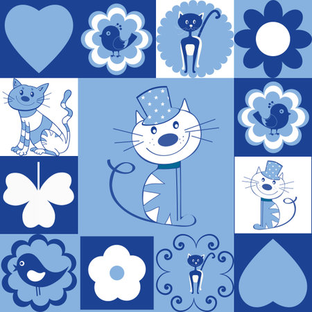 cute cartoon cats on blue and white background with flowers and birdsの写真素材