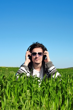 Young Man Enjoying Musicの写真素材