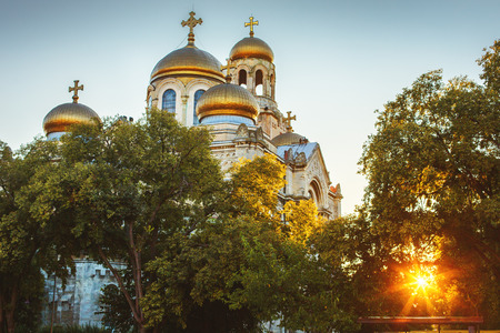 The Assumption Cathedral of Modern Byzantine style with golden domes, Varna, Bulgariaの写真素材