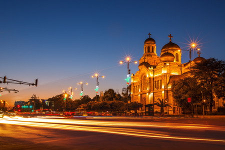 The Assumption Cathedral, Varna, Bulgaria. Illuminated at night.の写真素材