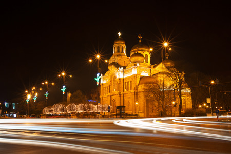 The Assumption Cathedral, Varna, Bulgaria. Illuminated at night.の写真素材