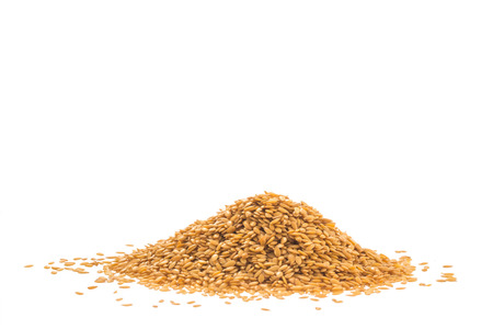 Heap of golden flaxseed or linseed isolated on white backgroundの写真素材