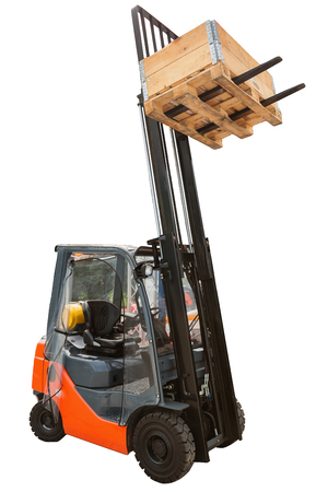 Forklift and wooden load isolated on white backgroundの写真素材