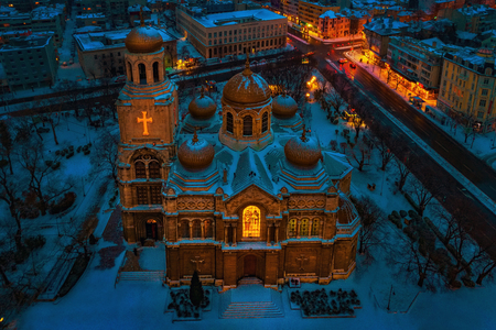 Aerial view of The Cathedral of the Assumption in Varnaの写真素材