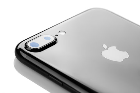 Varna, Bulgaria - December, 04, 2016: Studio shot of a black Iphone 7 plus, with Dual 12 MP Camera,...